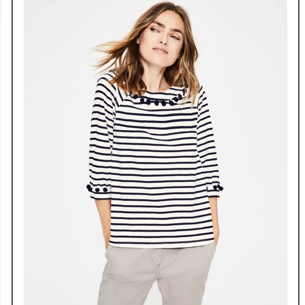 Boden Rosemary size 18 blue and white striped top with pom-poms